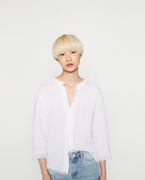 LINEN SHIRT WITH LACE TRIM DETAIL