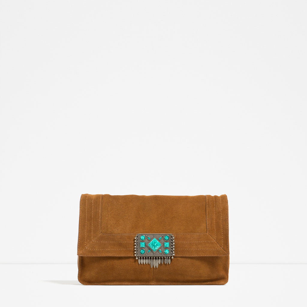 LEATHER CROSS BODY BAG WITH STONE DETAIL CLOSURE