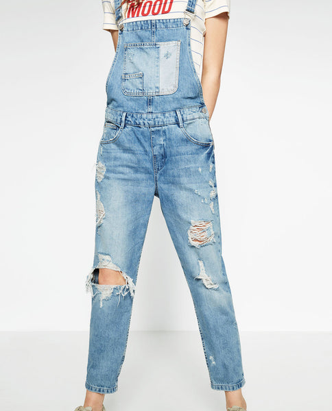 SLIM DENIM DUNGAREES WITH RIPS