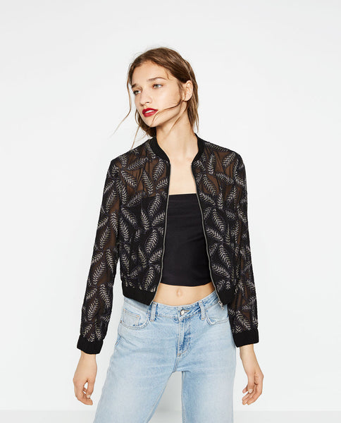 SHEER BOMBER JACKET WITH LEAF EMBROIDERY